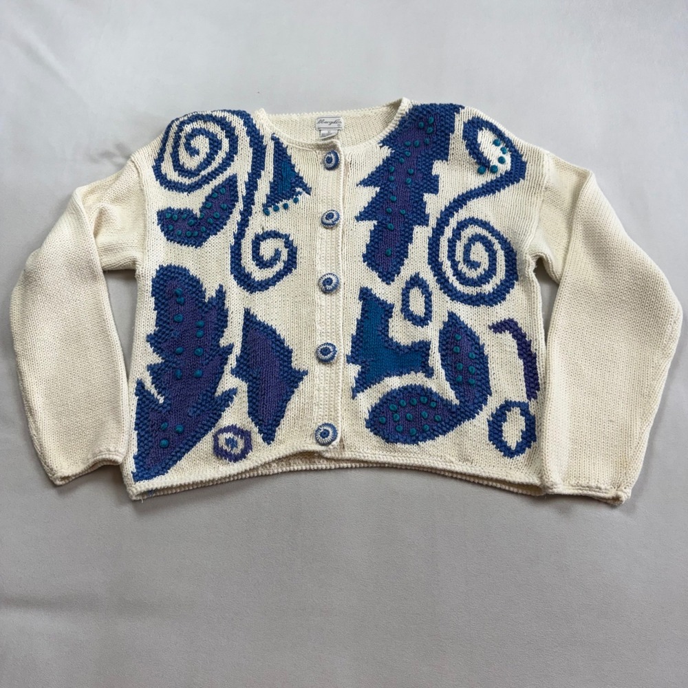 Margules Vintage Abstract Knit Cardigan Blue Purple Bobble Ramie Cotton Large